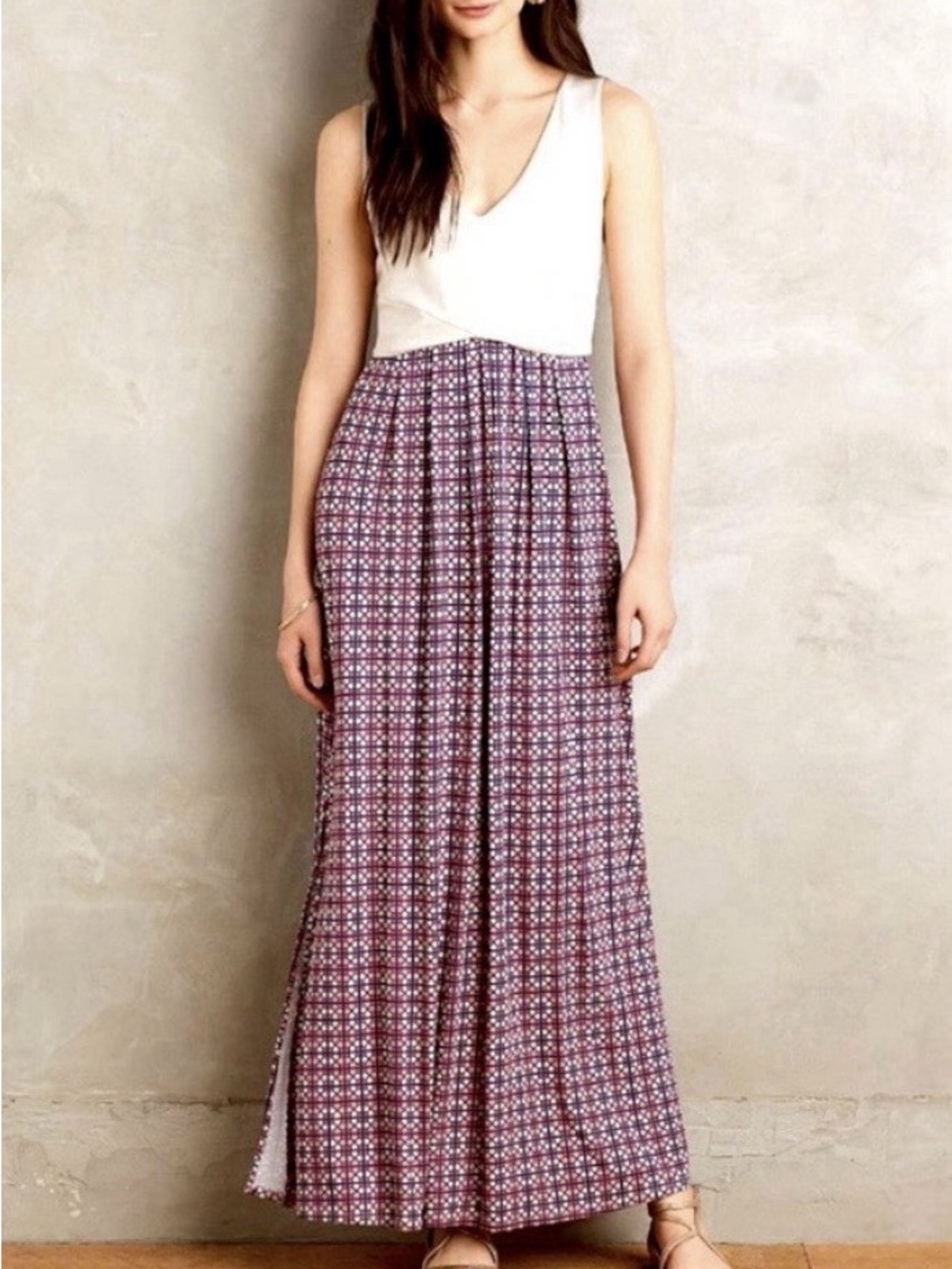 Anthropologie| Maeve| Purple & White Geometric Pattern Breezy Maxi Dress Sz S